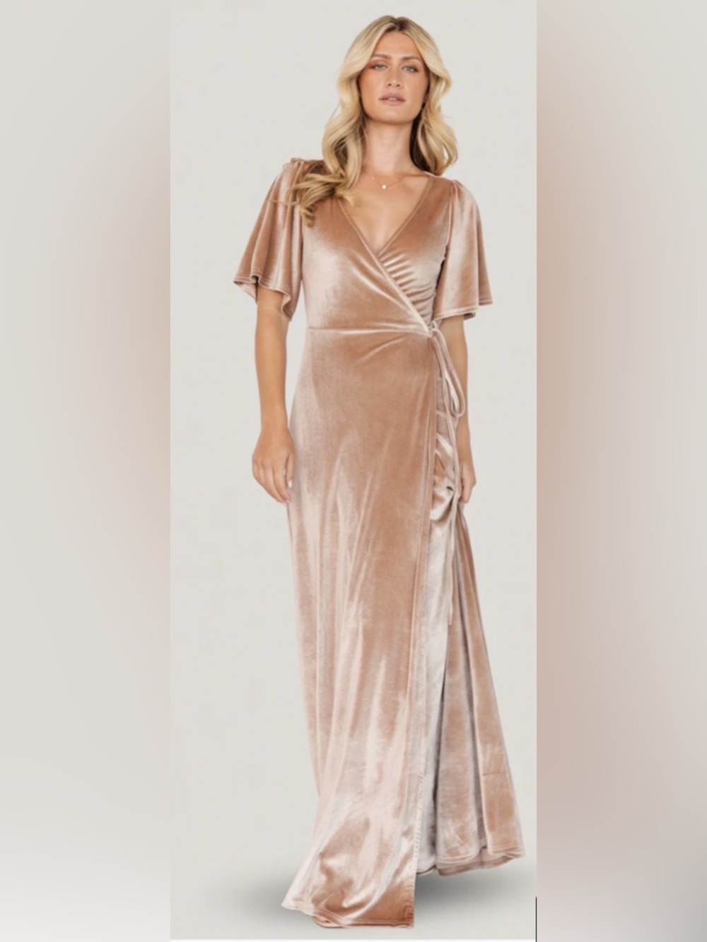 NWOT Baltic Born Megan Champagne Velvet Wrap Maxi Dress Size XS Flutter Sleeves